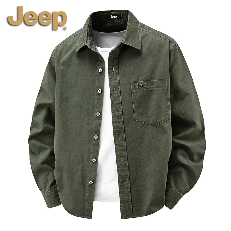 Jeep官方正品秋季纯棉水洗长袖衬衫商务休闲纯色男士宽松复古衬衣
