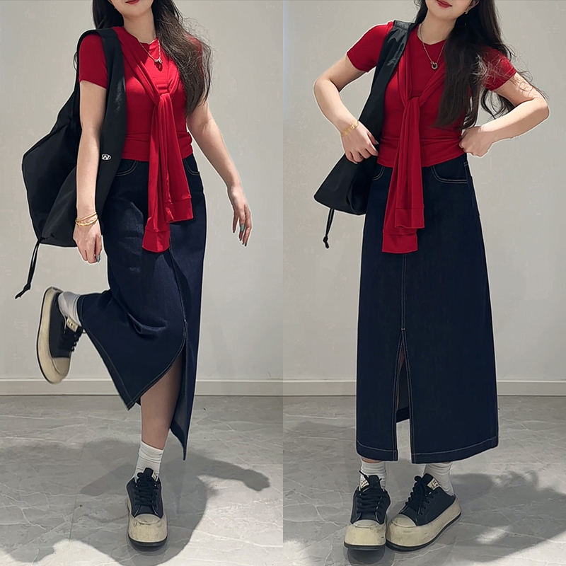 夏季凉感高腰宽松原色显瘦半身开叉a字梨形遮胯中长款薄款牛仔裙