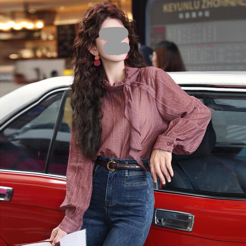 【莓果枝头】港风复古条纹绑带长袖衬衫女春秋新款小众宽松显瘦上衣