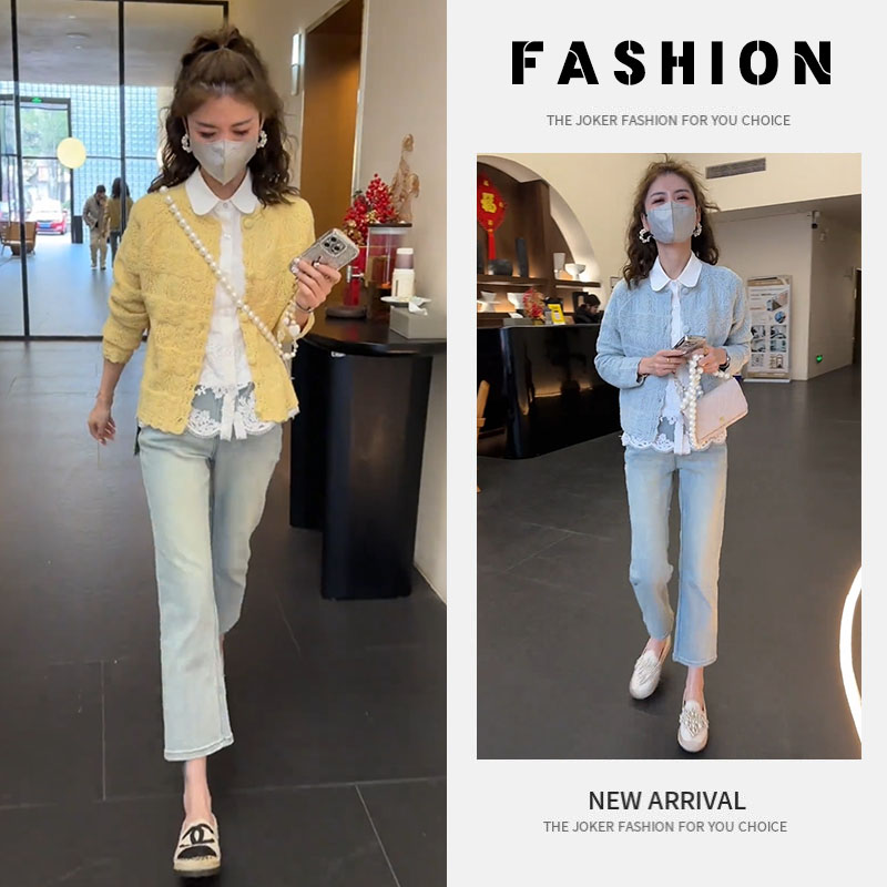 秋季一整套女装2025新款韩版温柔毛衣蕾丝百搭开衫直筒长裤三件套