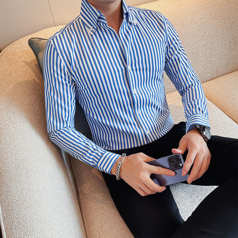 大尖领条纹衬衫男款爆款2025新款春秋商务休闲时尚高级感v领衬衣