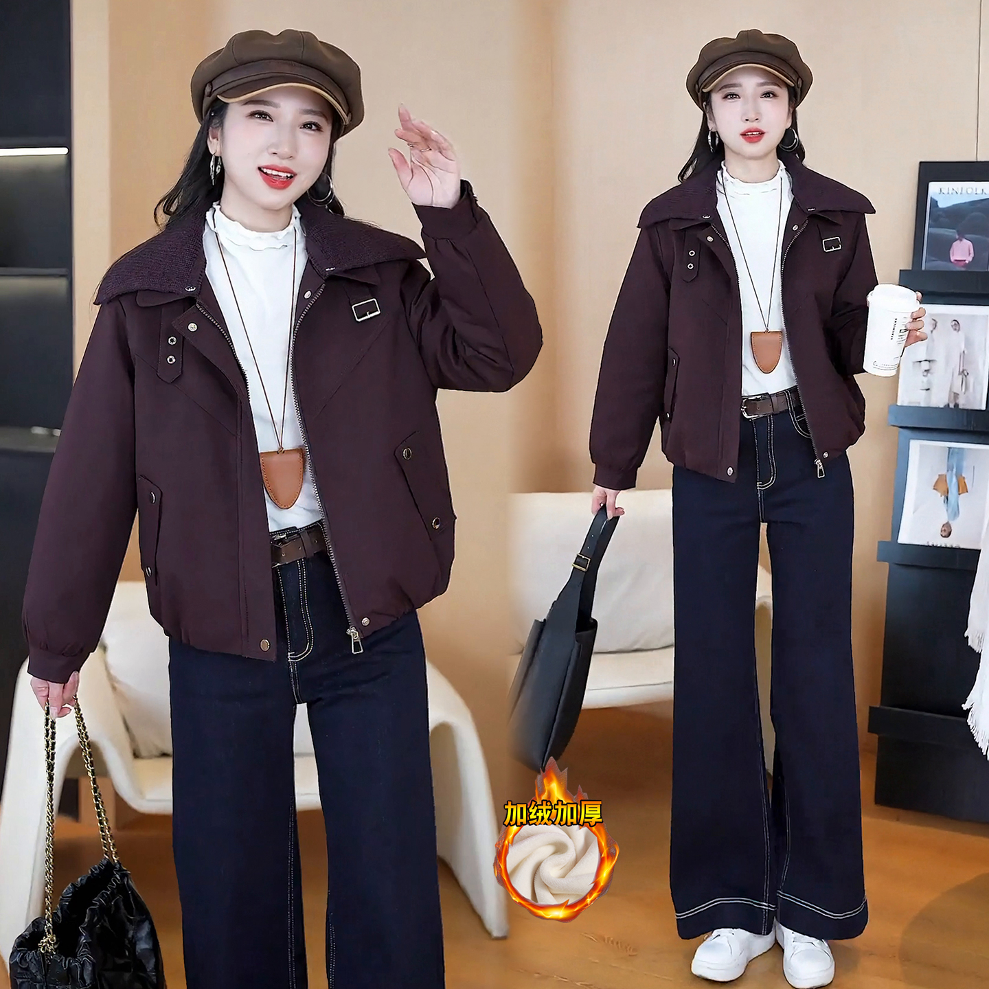 加绒加厚派克服短外套女2025冬季新款时尚翻领夹克百搭保暖上衣潮