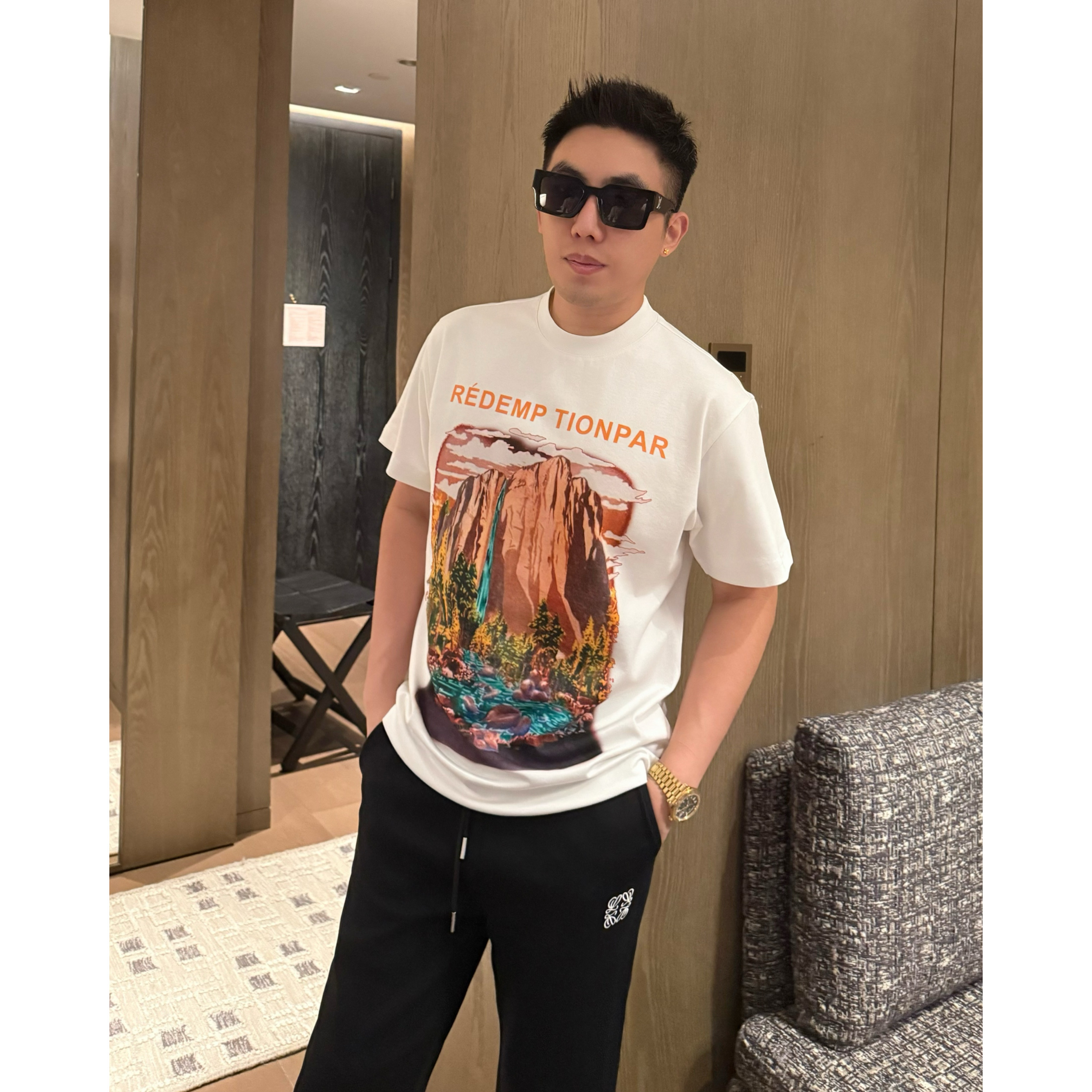 【高山流水】秋季雅痞液氨棉印花字母撞色短袖T恤衫男士短袖李查德