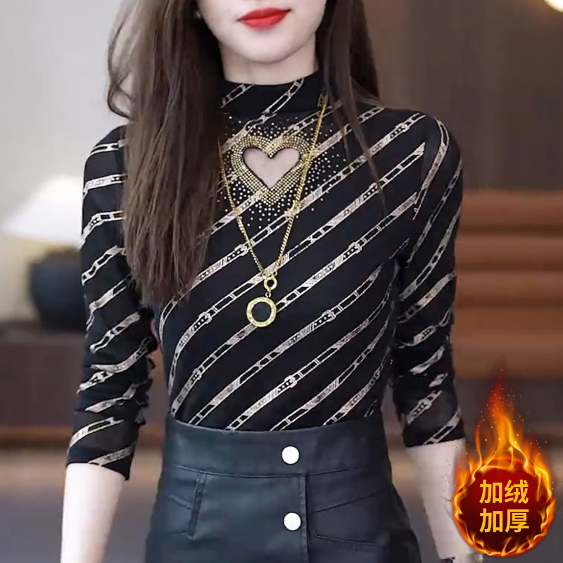秋冬加厚半高领打底衫女烫钻上衣时尚洋气小衫加绒保暖内搭高级感