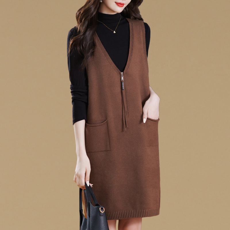 中长款针织马甲背心裙女V领宽松显瘦气质无袖毛衣连衣裙外搭叠穿