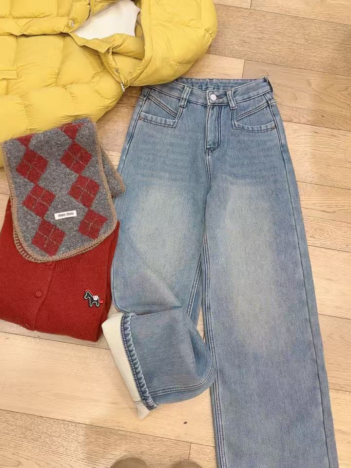 七言家巨好穿！#纳米水洗复古蓝直筒阔腿牛仔裤#6205@