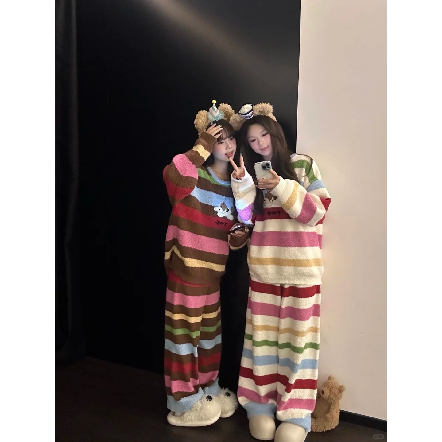 可爱卡通甜美彩虹条纹小狗半边绒保暖睡衣女冬季家居服可外穿套装