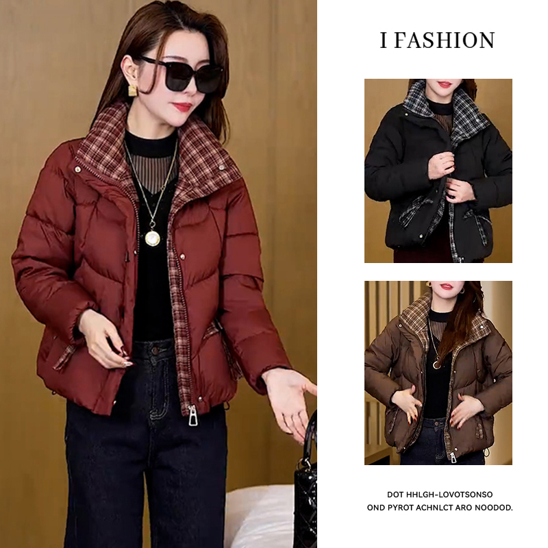 时尚设计感格子拼接棉服女2025年冬季新款妈妈装加厚保暖百搭外套