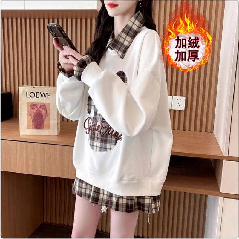 设计感小众加绒保暖卫衣女中长款假两件遮屁股韩版宽松百搭女上衣