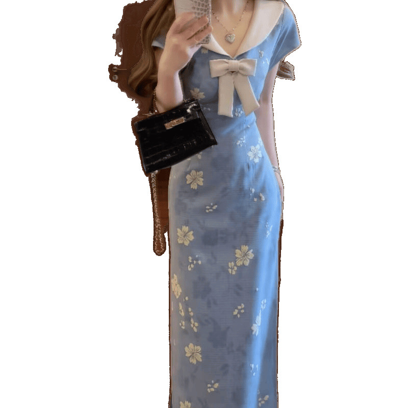 2025新中式国风蓝色娃娃领改良旗袍连衣裙收腰气质长裙