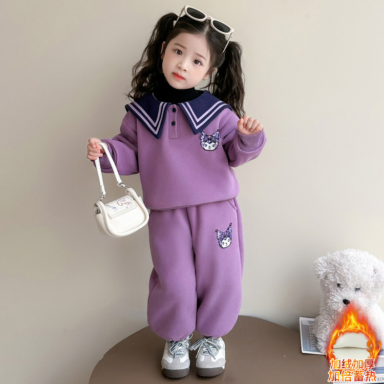 女童秋冬加绒套装2025新款儿童洋气海军领库洛米卫衣休闲两件套潮