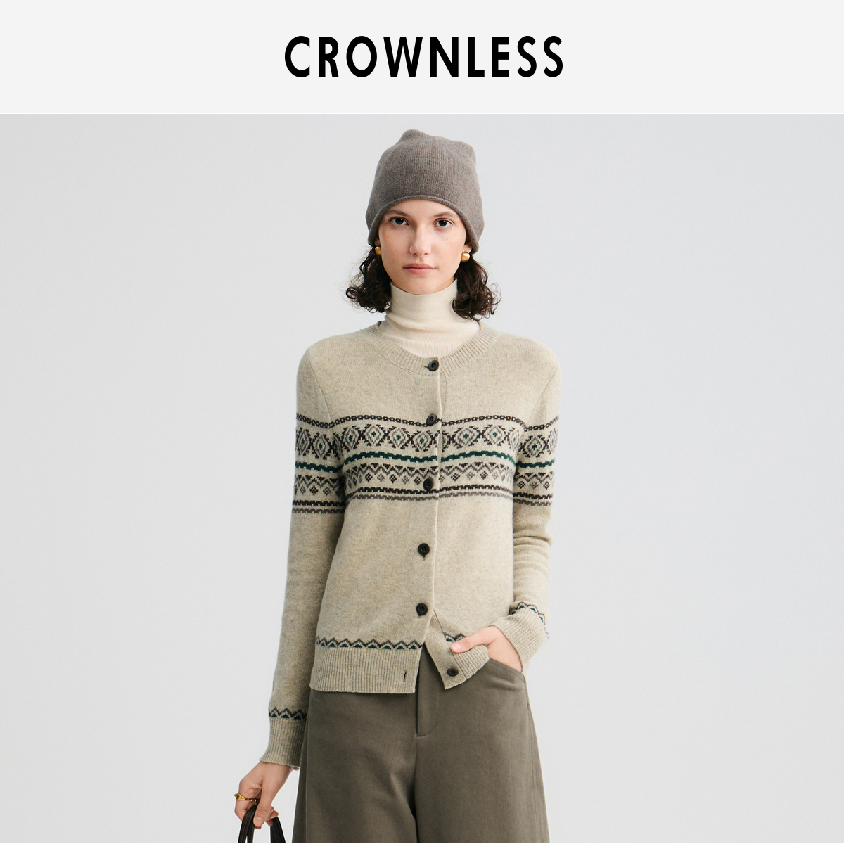 CROWNLESS未冕25秋冬新英式风格羊毛复古撞色费尔岛提花圆领开衫