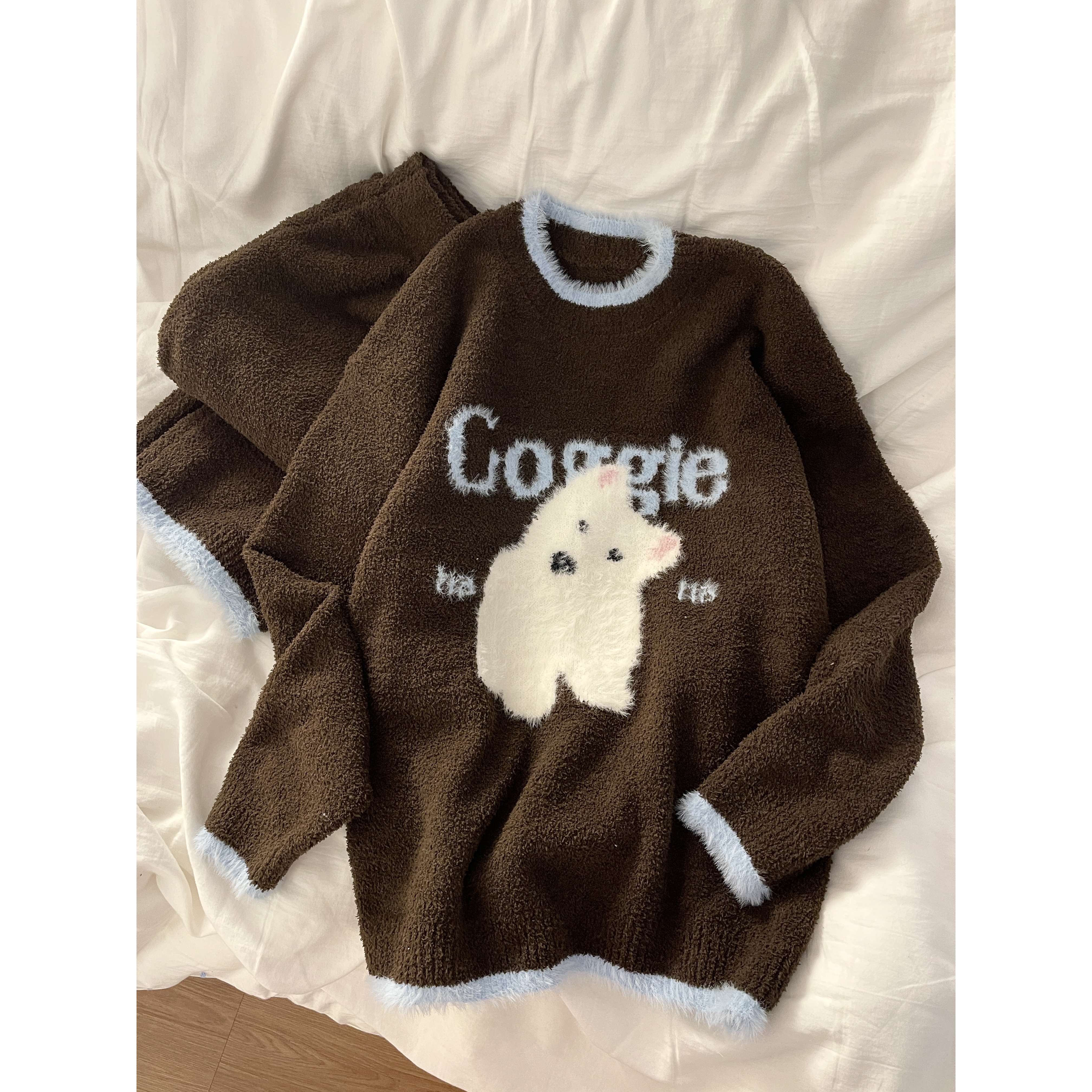 【DMXJ大梦想家】可爱萨摩耶小狗半边绒睡衣女冬加绒舒适家居服套装