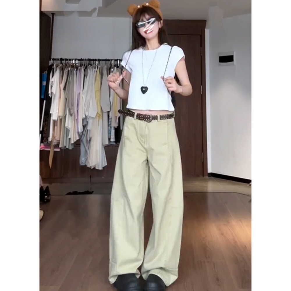 卡其色阔腿弯刀牛仔裤女2025年春季新款设计感百搭直筒宽松拖地裤