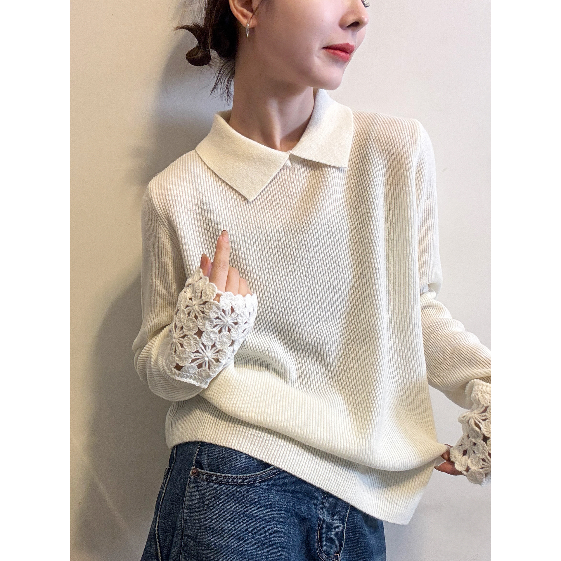 欧洲站2025秋冬新款欧货复古POLO翻领钩花镂空细羊毛针织衫打底衫