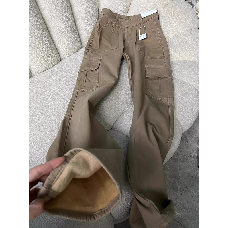 卡其色加绒宽松直筒牛仔裤女秋冬新款设计感高腰显瘦休闲工装裤子