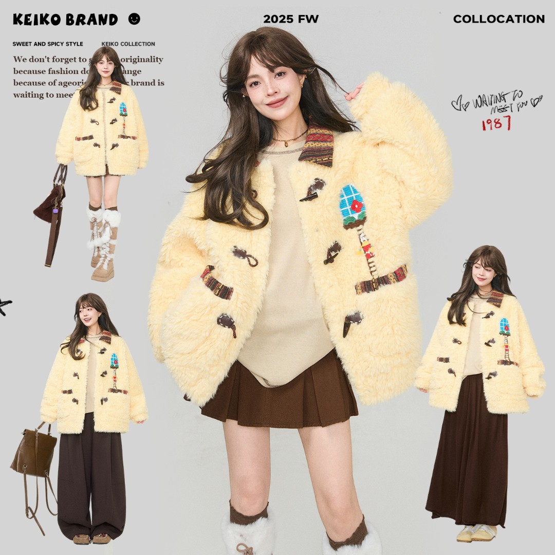 KEIKO 复古牛角扣羊羔毛外套女2025冬季提花拼接翻领毛茸茸棉服