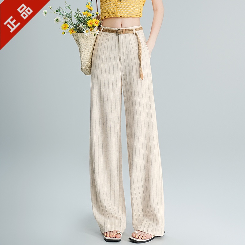 正品时尚潮流亚麻条纹阔腿裤女2025夏季新款高腰显瘦直筒休闲裤