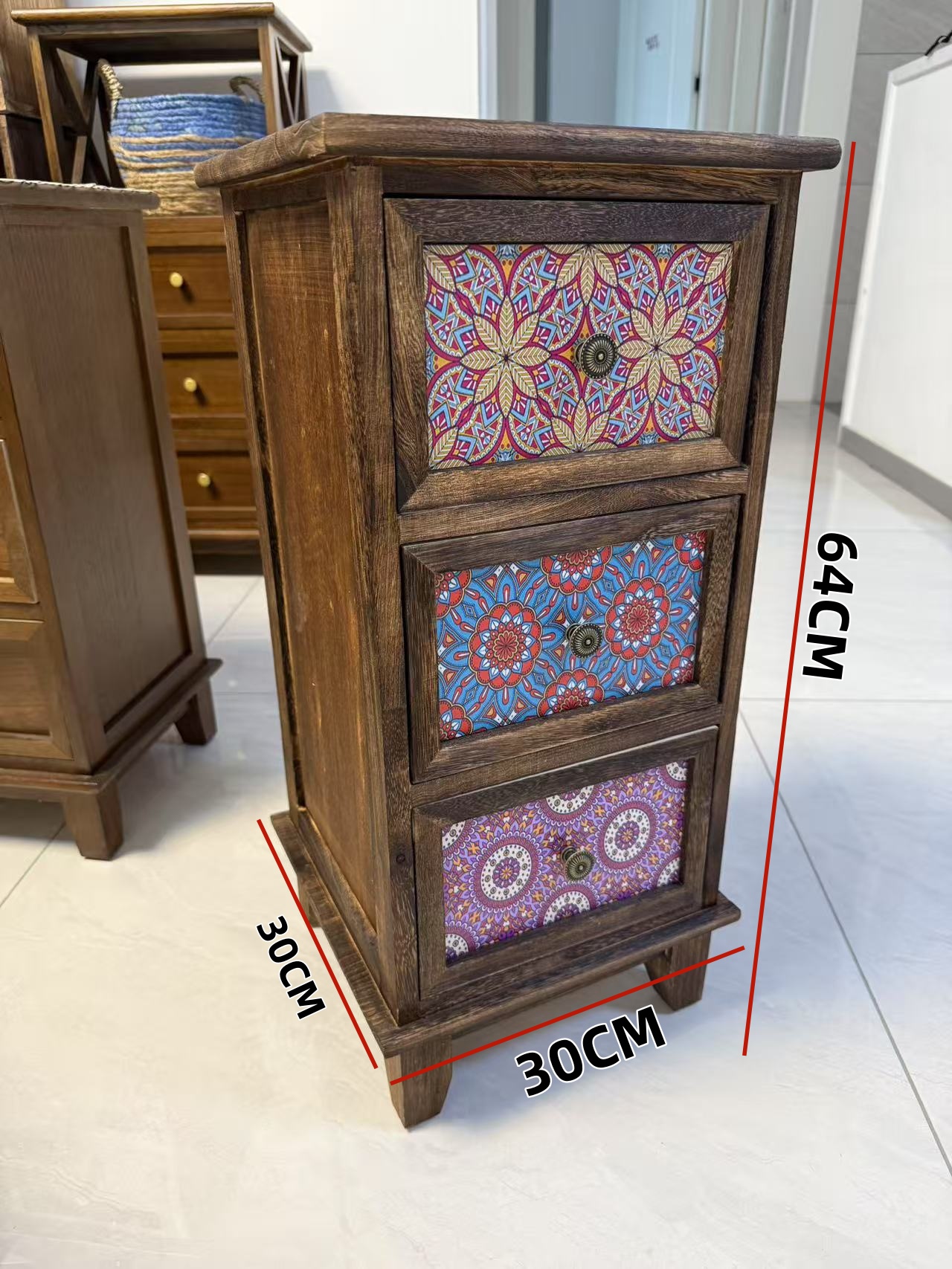 碳烧色30彩绘3抽斗柜简约窄边柜储物柜纯实木斗柜卧室床头柜立柜