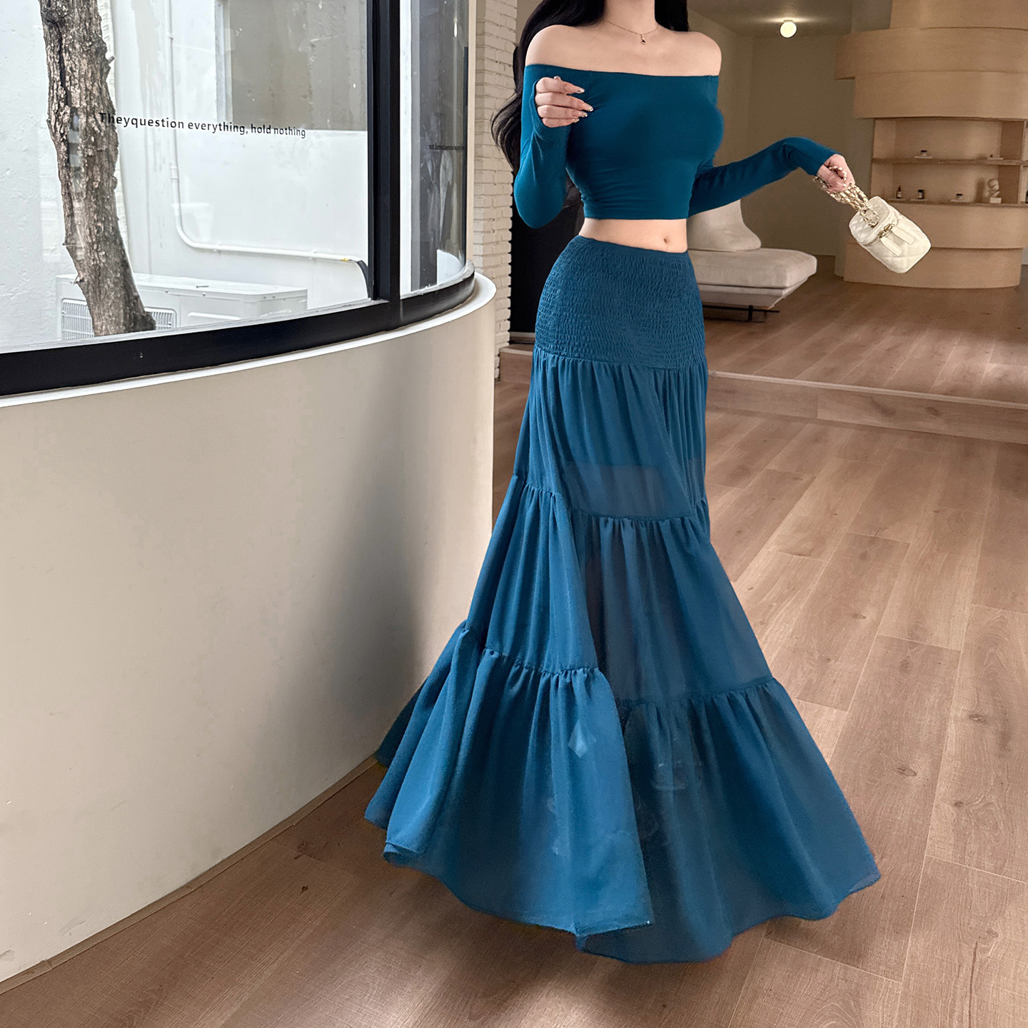 KaDaiShan秋季蓝色时尚套装一字肩高腰露脐高个子大摆A字拖地长裙