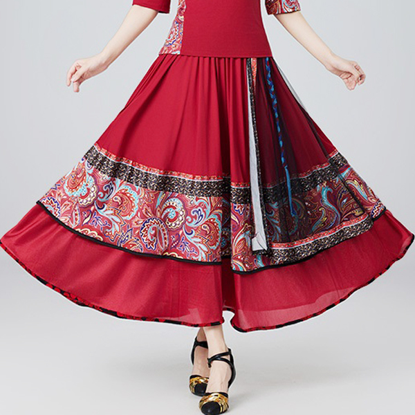 套装舞蹈演出服练功服演出圆领中袖上衣大摆裙民族舞跳舞红色裙子