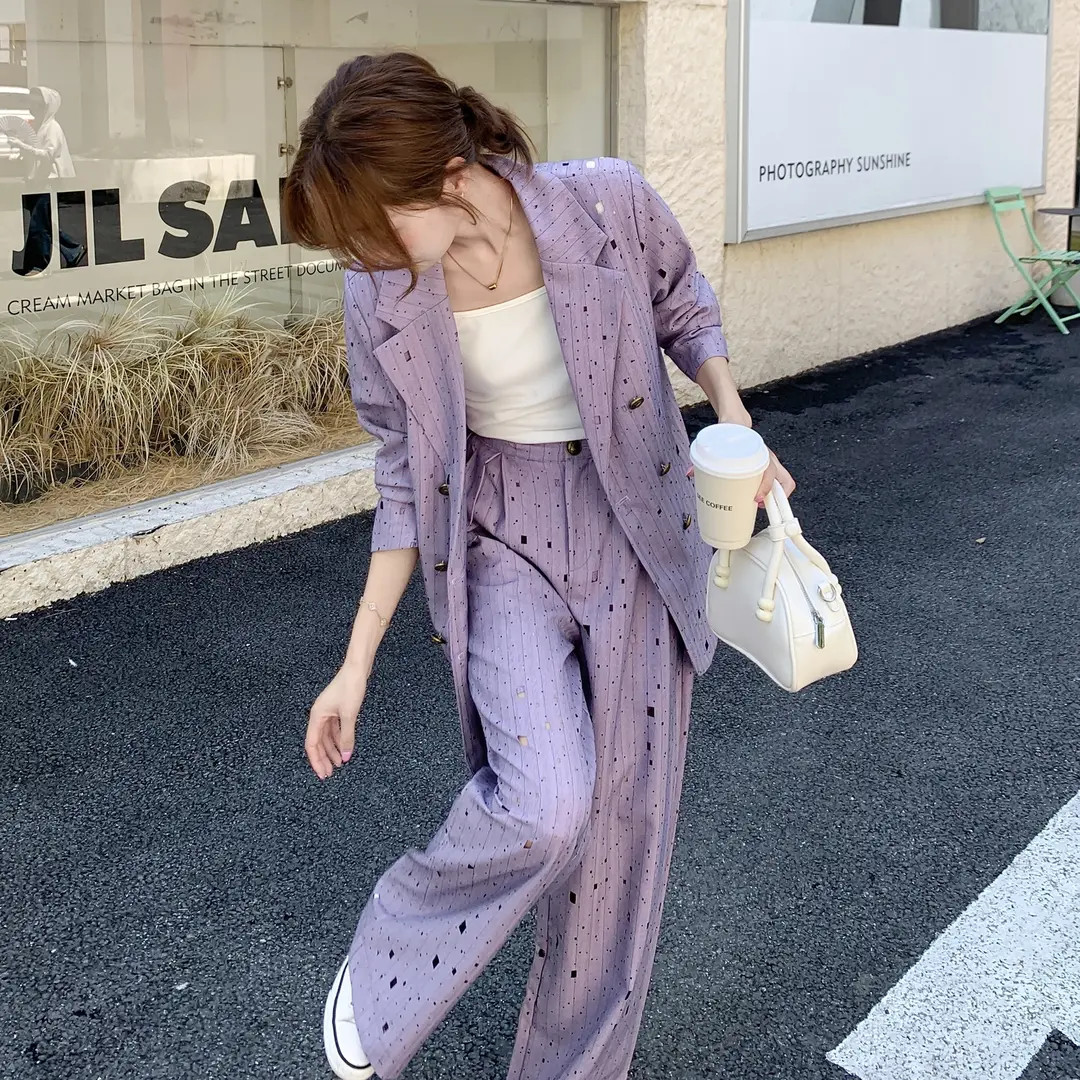 老钱风穿搭紫色西装阔腿裤套装女秋季2025新款韩系时尚西服两件套