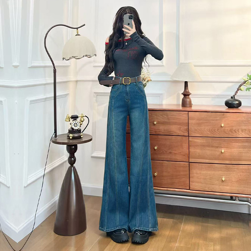 喜绚阔腿喇叭牛仔裤女秋冬季新款高腰弹力宽松复古设计感直筒裤子
