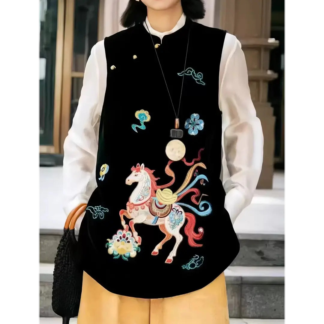 高端新中式重工飞马刺绣丝绒马甲背心女复古国风立领斜襟中长上衣