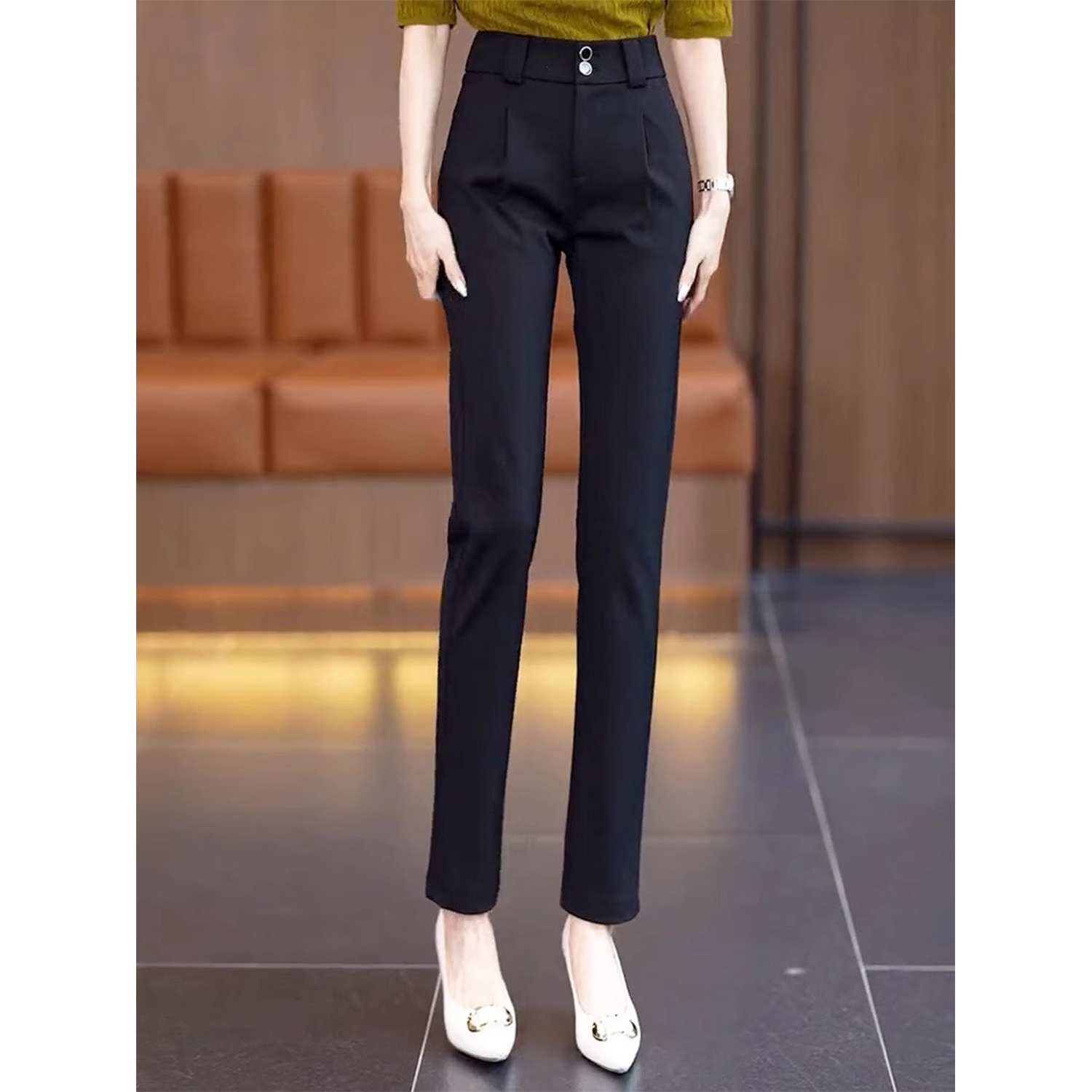 拉夏贝尔黑色西装裤女2025直筒秋季哈伦裤薄款休闲烟管九分裤西裤