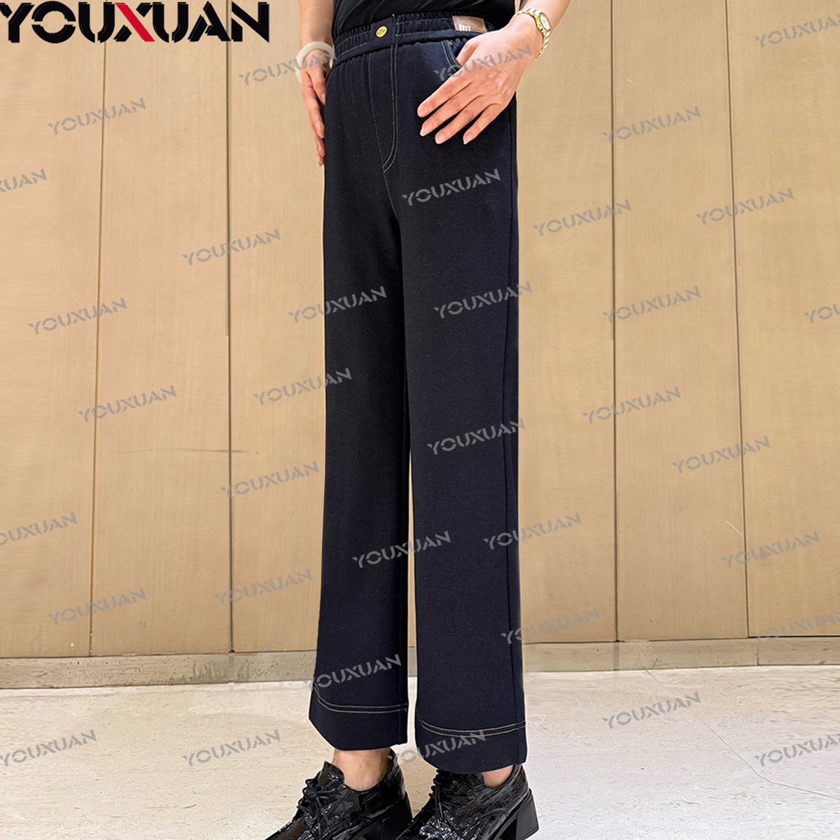 【品牌裤】【秋冬新品】时尚显瘦百搭弹力高腰裤子休闲九分直筒裤6776