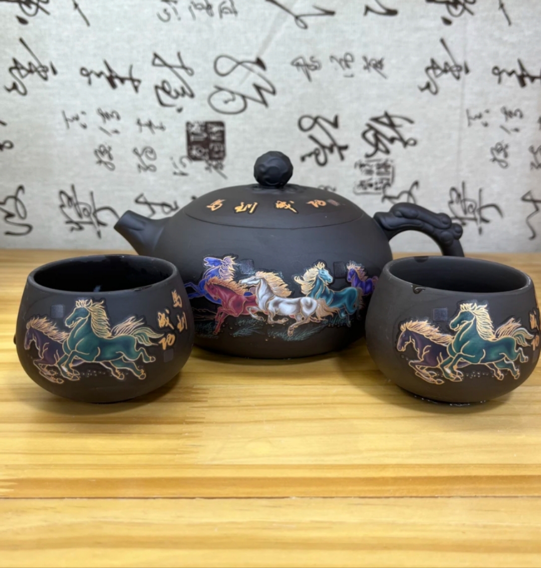 紫砂大容量马到成功凤鸣壶一壶两杯