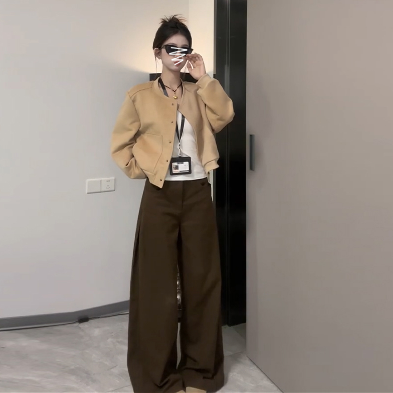 雪千羽美式深棕咖色阔腿牛仔裤女春秋2025新款高腰宽松直筒拖地裤