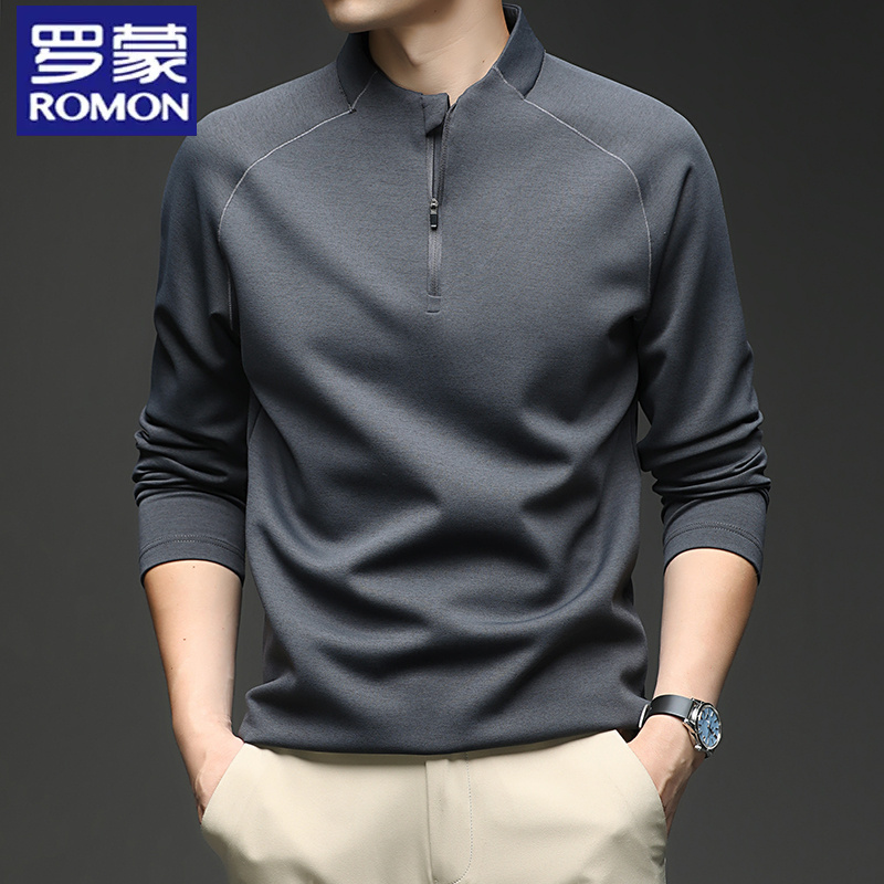 罗蒙秋冬季新款男士半高拉链加绒卫衣纯色亨利领T恤打底保暖t恤男