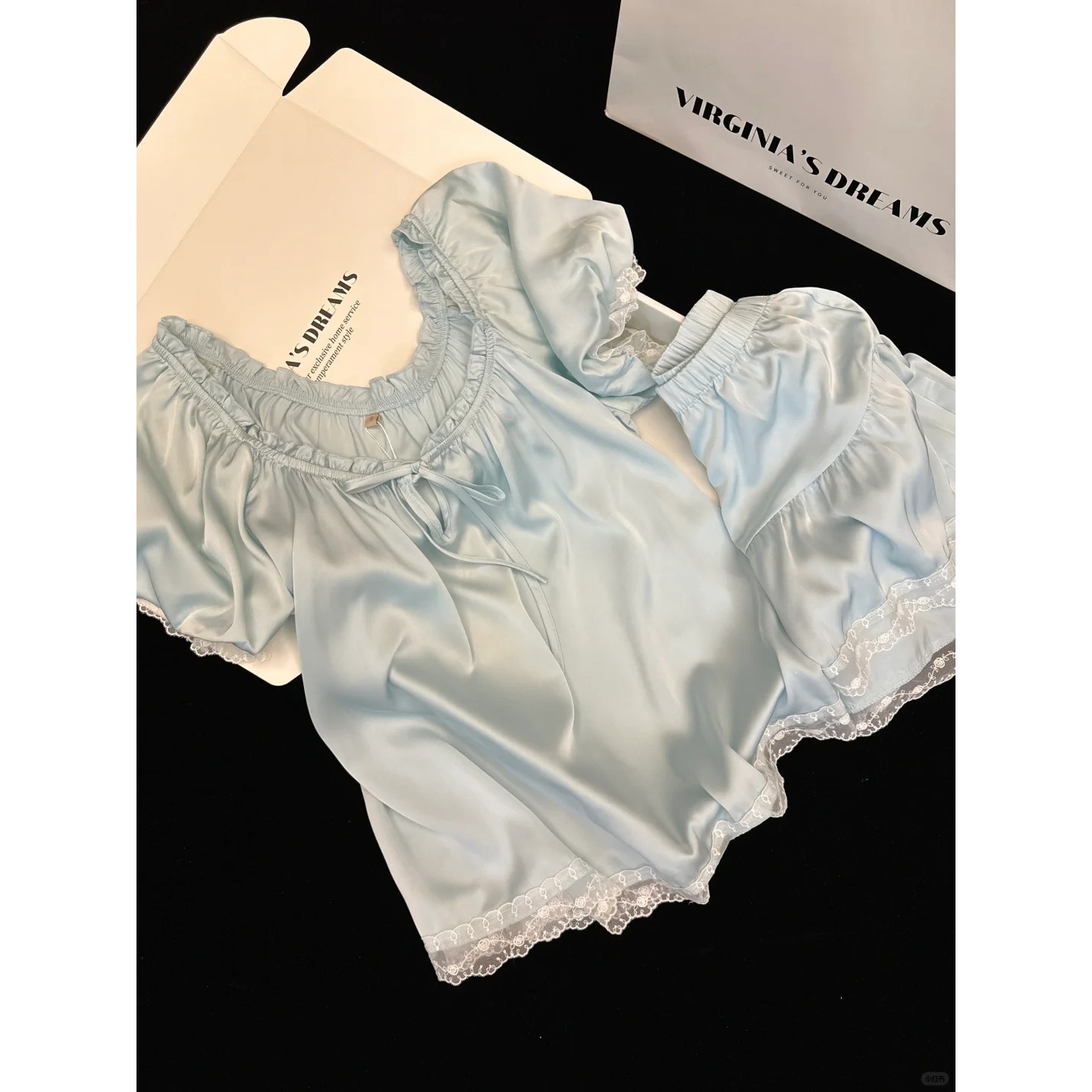 法式温柔风蓝蕾丝短袖冰丝睡衣女款爆款2025新款套装女凉感家居服