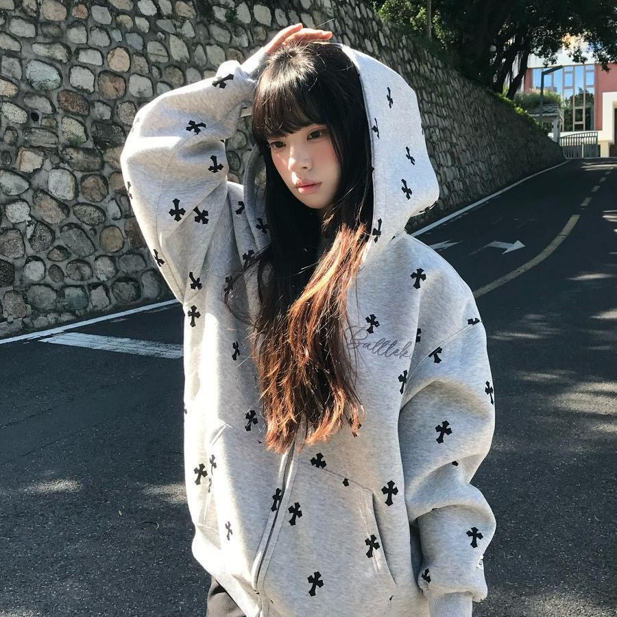 美式哥特风十字架满印卫衣开衫男女秋冬百搭宽松连帽外套ins