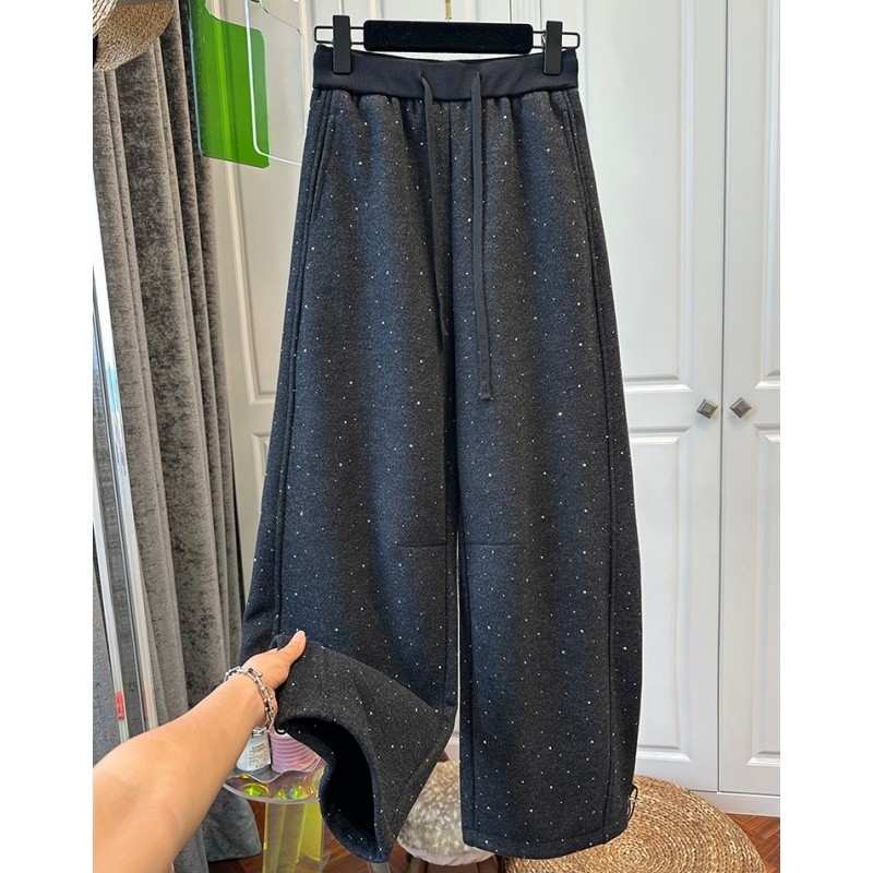 03609重工烫钻拼接抽绳松紧腰卫裤女弯刀裤加绒加厚宽松2025秋冬