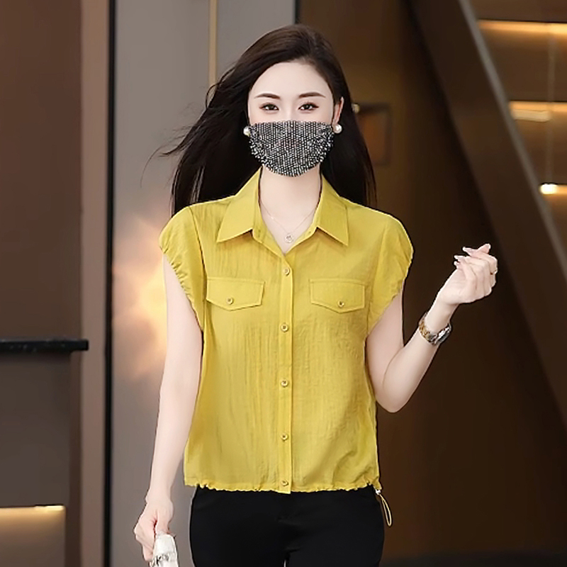 2025新款拼接POLO领夏季时尚百搭纯色短袖衬衫小衫洋气女装休闲