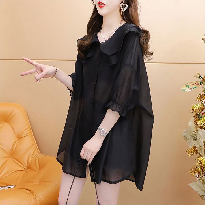 娃娃领别致漂亮防晒衬衫女夏季新款宽松大码遮肉休闲时尚减龄上衣