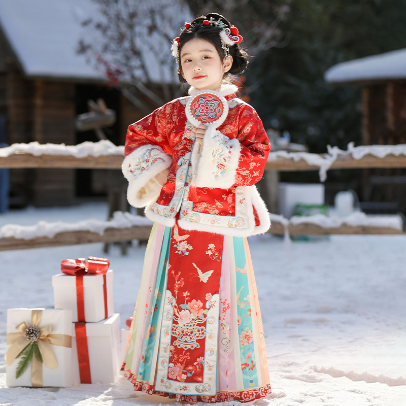 【梦蝶】汉服女童冬装宝宝中国风刺绣明制套装宝宝红色喜庆拜年服