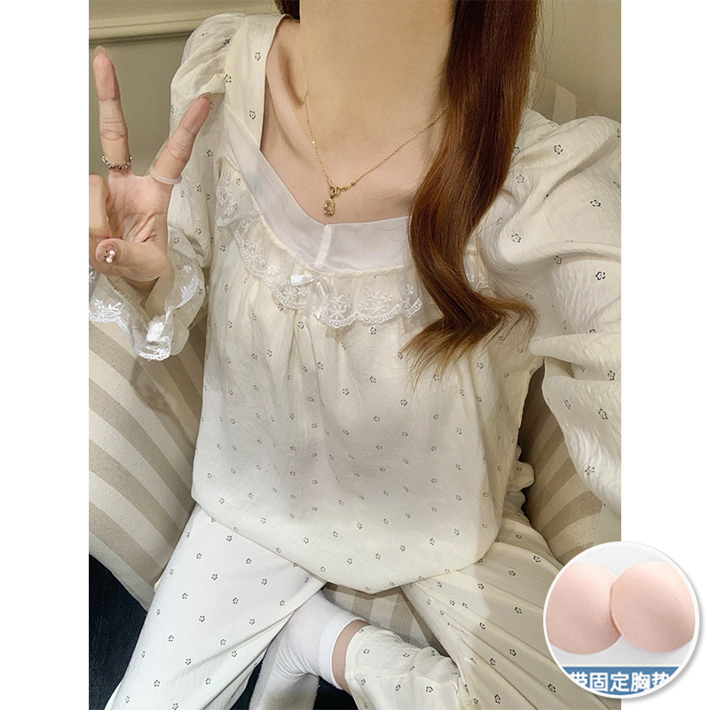 秋冬季新款睡衣女云朵棉蕾丝长袖长裤带胸垫甜美家居服套装可外穿