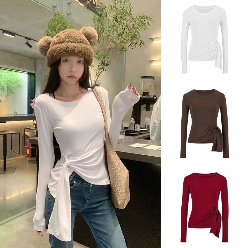 Moses Queen/魔西女王早秋新款开叉收腰t恤打底衫女性感正肩上衣