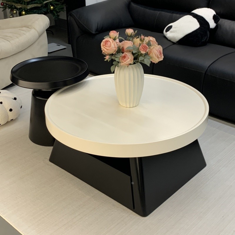 圆形黑白茶几客厅家用2025新款法式奶油风极简小户型轻奢感