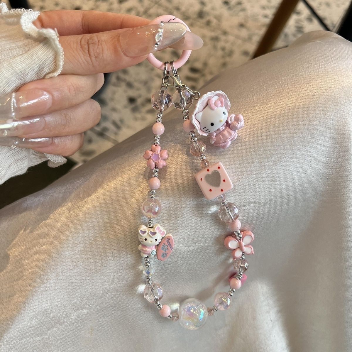 合金手链 ins风少女粉冲浪板猫咪手机壳挂件饰diy精致串珠手机链