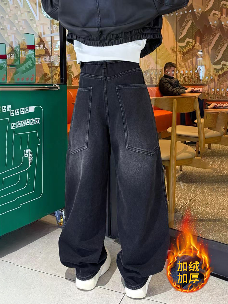 黑色加绒弯刀阔腿牛仔裤女2025年秋冬新款大码梨型身材高腰拖地裤
