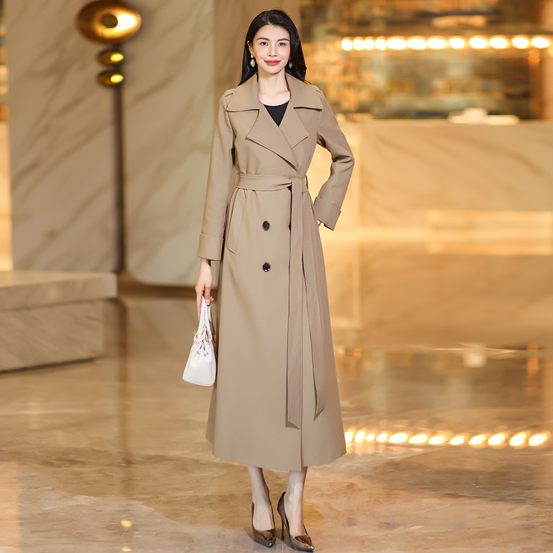 秋季长款纯色风衣双排扣外套休闲风时尚大翻领女装春秋气质风衣女