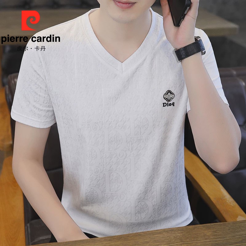 皮尔卡丹冰丝短袖T恤男韩版修身潮牌鸡心领半袖体恤衫高端薄款透