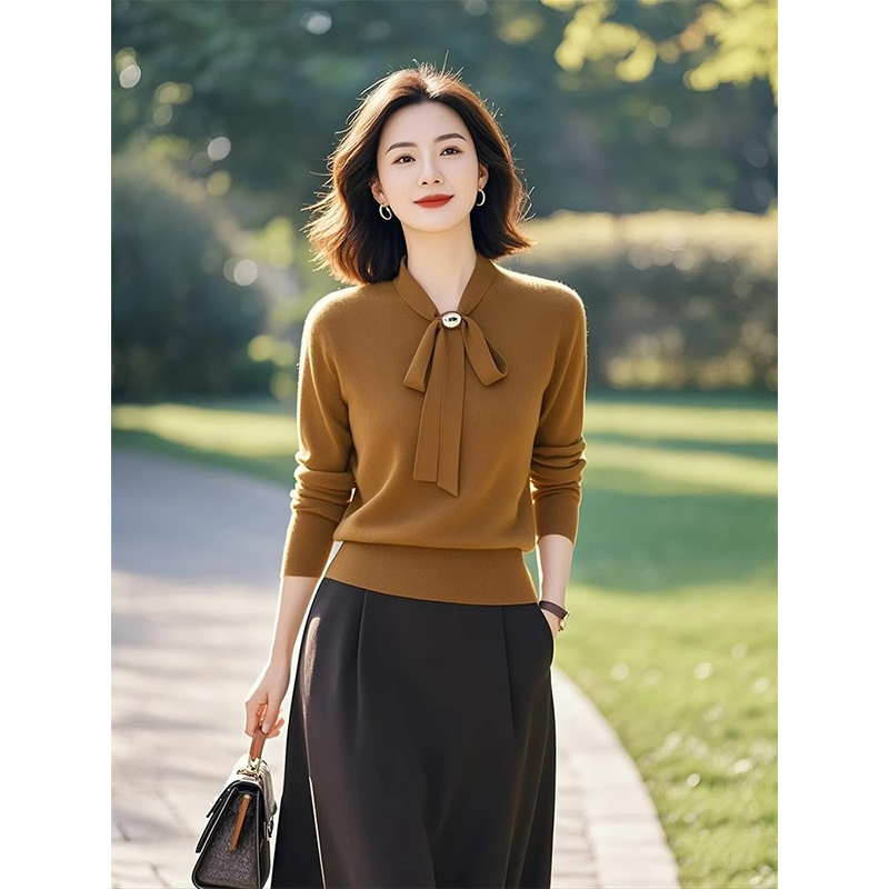 独特漂亮内搭打底衫设计感好看上衣黄棕色针织衫春装女款2025新款
