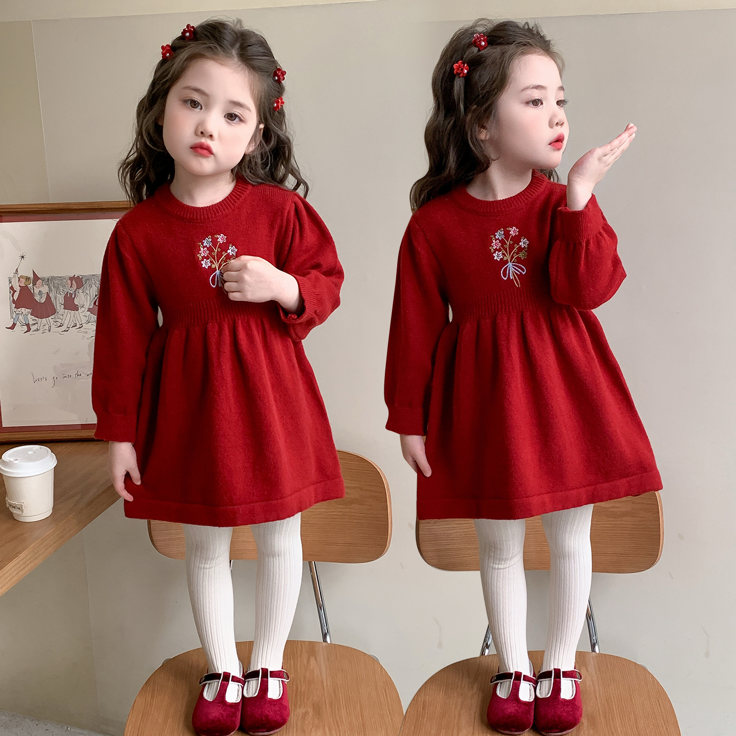女童洋气绣花毛衣裙秋冬连衣裙女孩周岁礼裙儿童春秋季针织公主裙