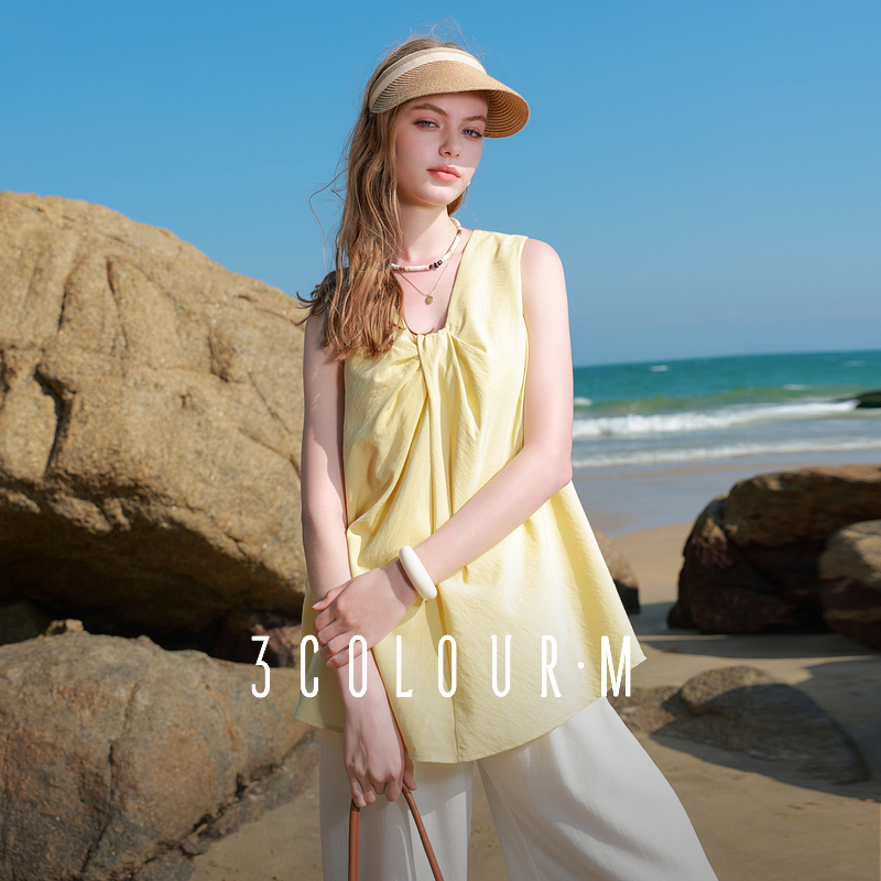 0578三彩2025夏季新款扭结小衫V领设计感无袖上衣宽松小清新dbx