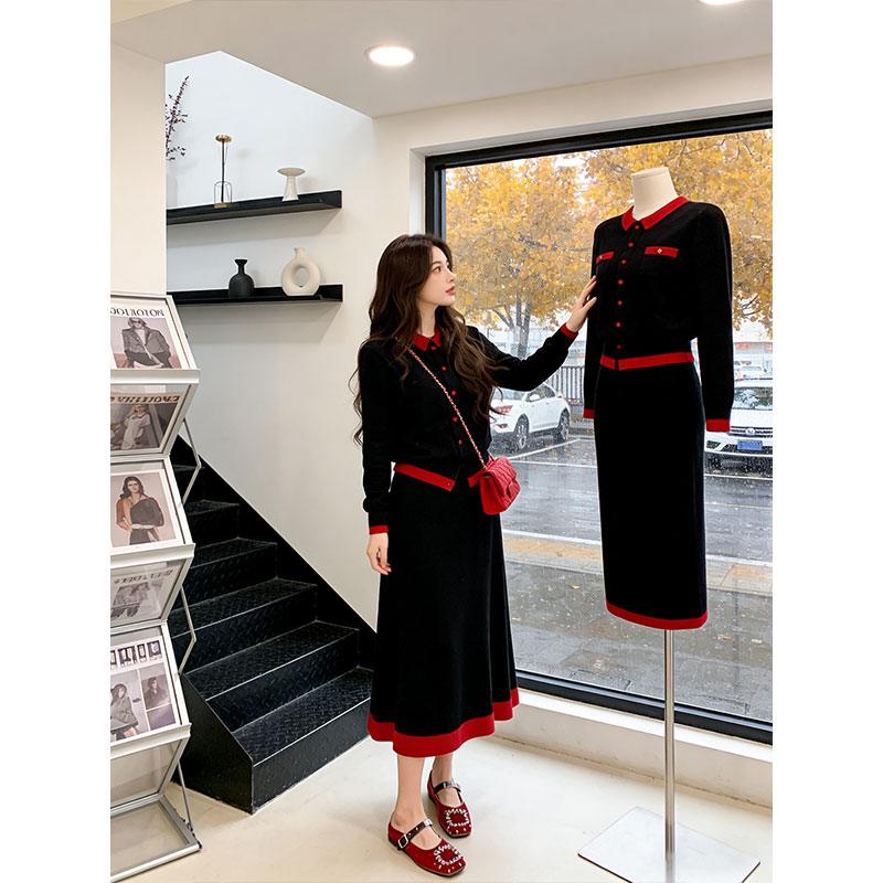 法式撞色边毛衣一整套冬季长袖针织衫高腰半身裙两件套装女超好看